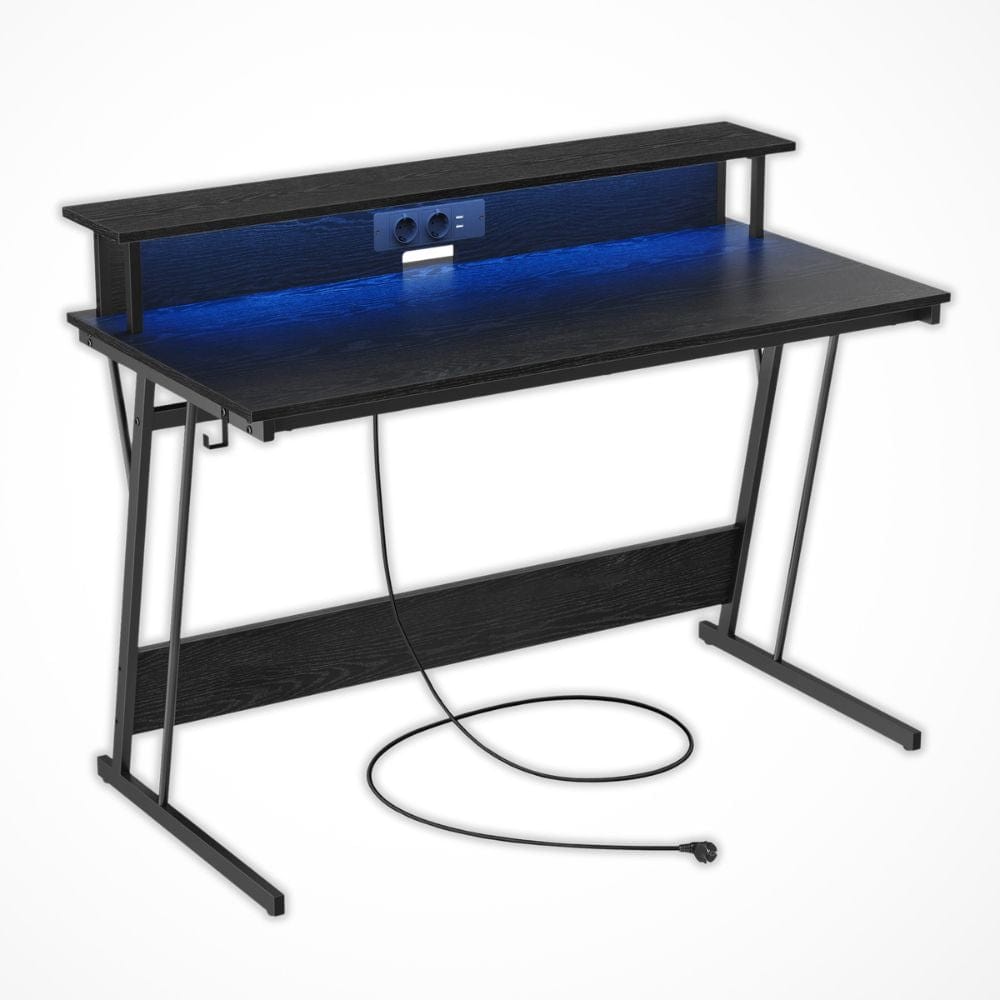 Bureau avec Prise Intégrée | Desk-Elite Noir Boisé / 120x60cm