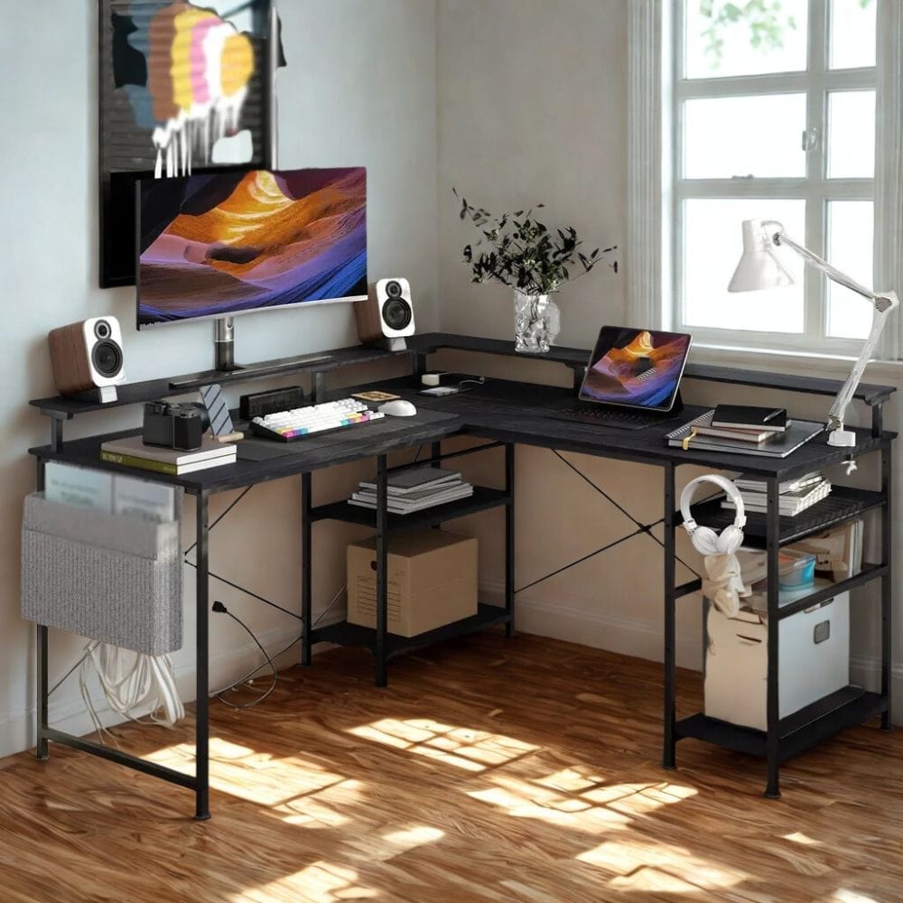 Bureau en L avec Rangement | Desk-Elite Noir / 155x155cm