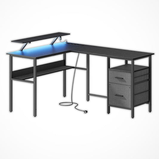 Grand Bureau d’Angle avec Rangement | Desk-Elite Noir / 150x120cm